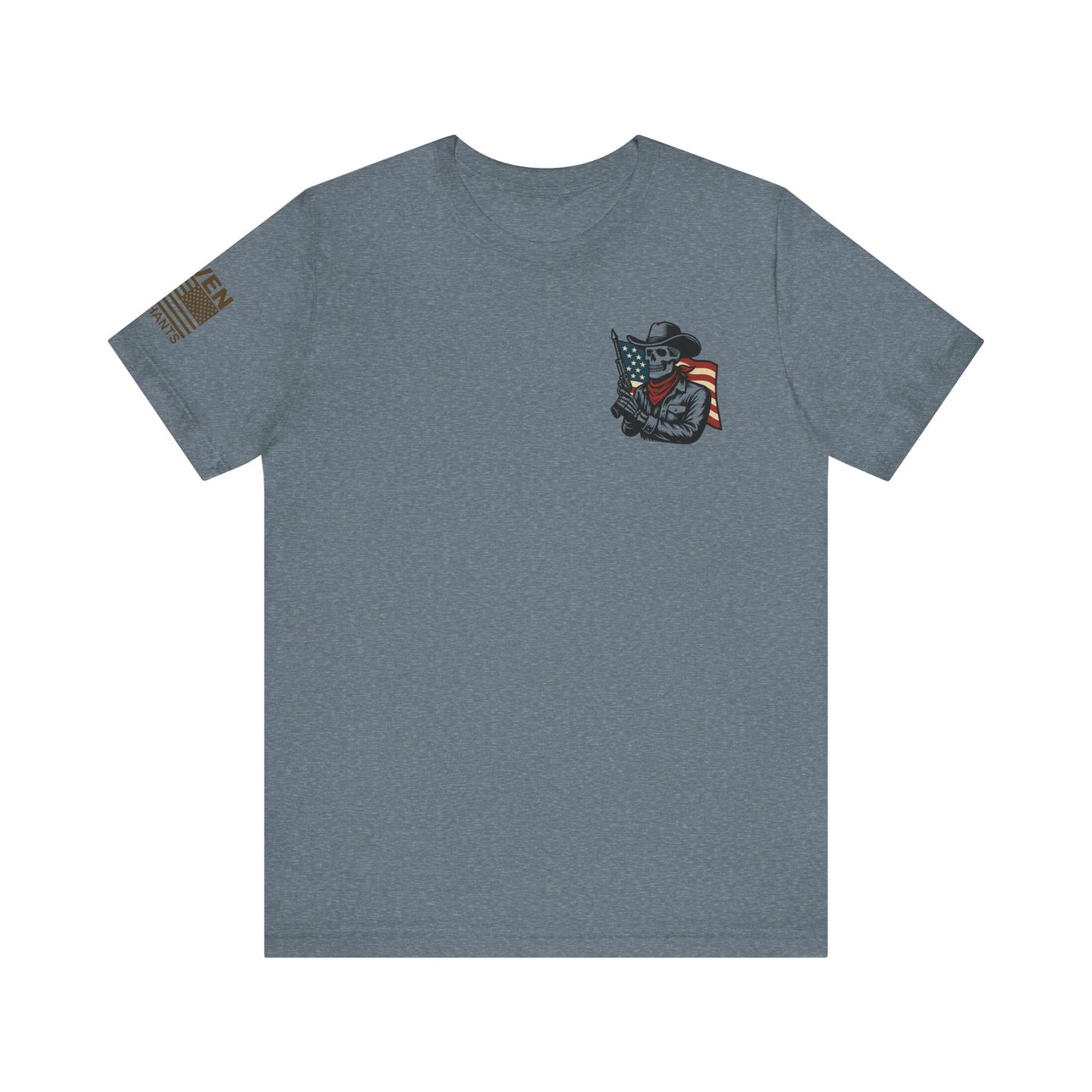 Patriot Rider Tee – Skeleton Cowboy Bull Ride with American Flag Graphic Classic Jersey Short Sleeve Tee