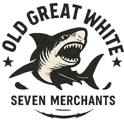 Logo featuring a fierce shark with the text 'Old Great White' above and 'Seven Merchants' below, in a bold vintage style.