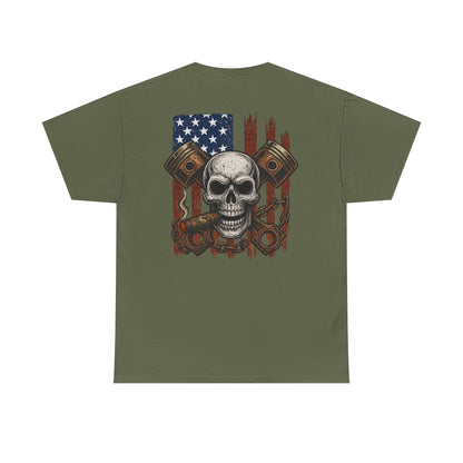 American Skull T-Shirt – Cigar, Pistons & Chains Patriotic Graphic Tee