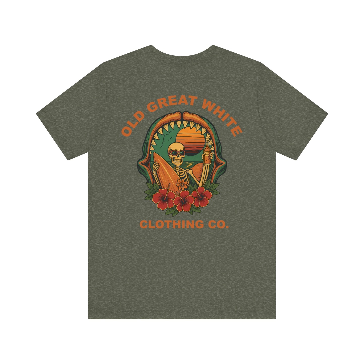 Skeleton Surfer Sunset Tee – Vintage Beach Vibes Graphic Shirt Jersey Short Sleeve Tee