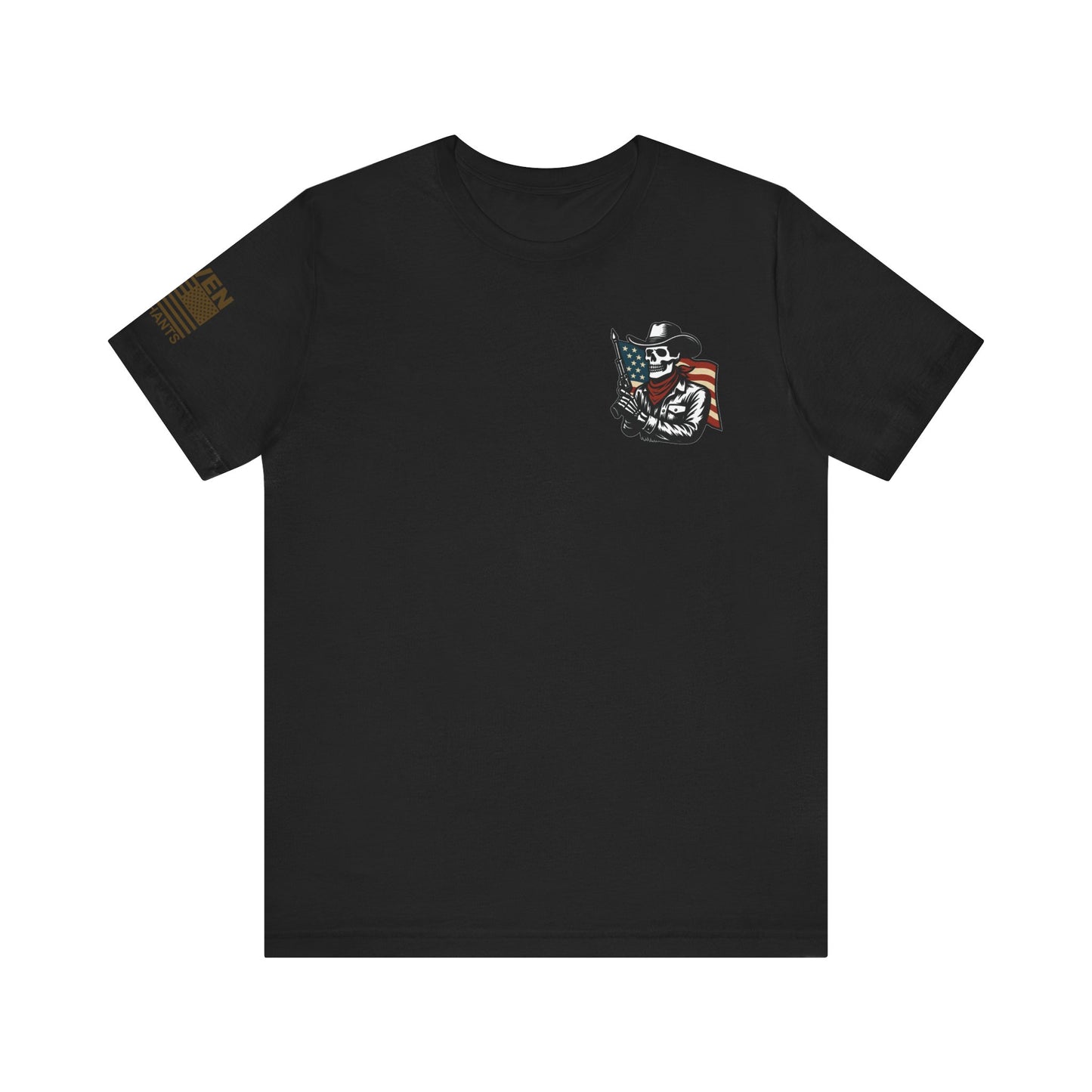 Patriot Rider Tee – Skeleton Cowboy Bull Ride with American Flag Graphic Classic Jersey Short Sleeve Tee