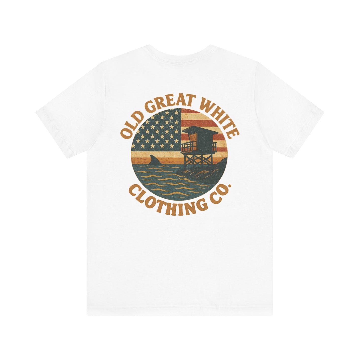 American Shoreline Tee – Lifeguard Tower & Shark Fin Graphic Classic Jersey Short Sleeve Tee