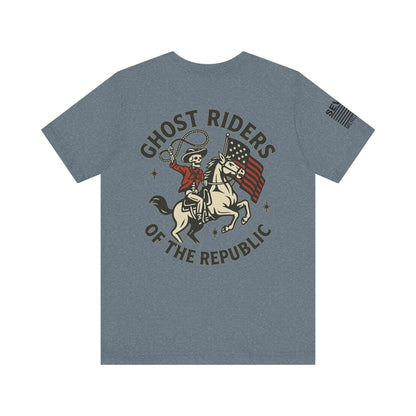 Ride for the Republic – Vintage Skeleton Cowboy Horse & Flag Graphic Tee