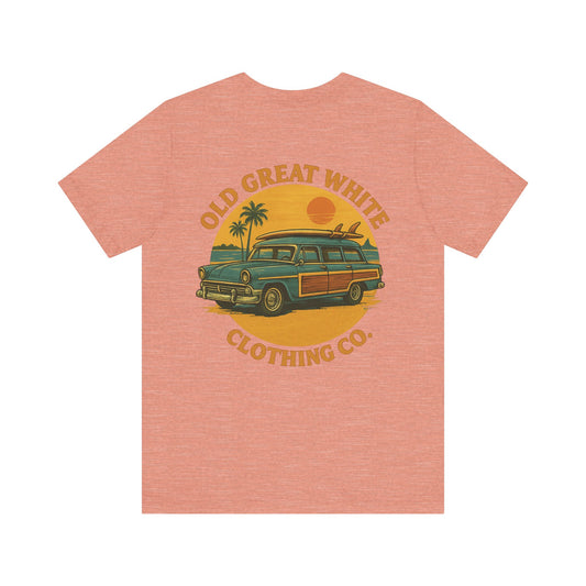 Golden Hour Surf Wagon Tee – Retro Woodie and Sunset Style Classic Jersey Short Sleeve Tee