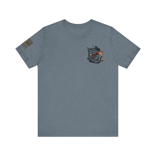 Patriot Rider Tee – Skeleton Cowboy Bull Ride with American Flag Graphic Classic Jersey Short Sleeve Tee
