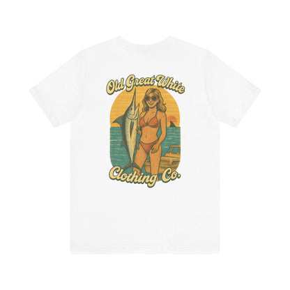 Big Catch Retro Beach Shirt – Bikini Babe & Marlin Graphic Jersey Short Sleeve Tee