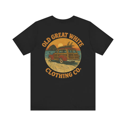 Vintage Woody Surf Wagon Tee - Old Great White Sunset Vibes Classic Jersey Short Sleeve Tee