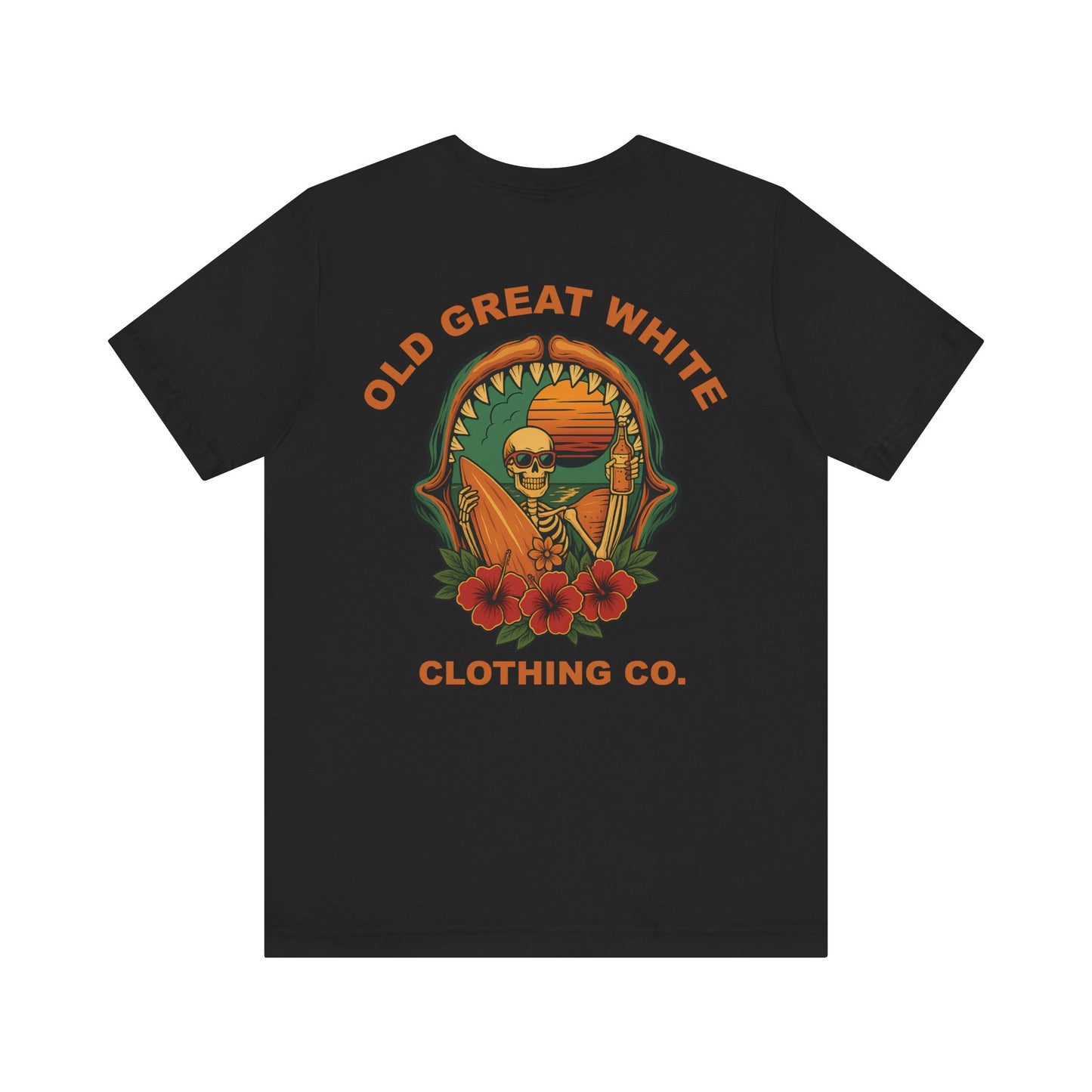 Skeleton Surfer Sunset Tee – Vintage Beach Vibes Graphic Shirt Jersey Short Sleeve Tee