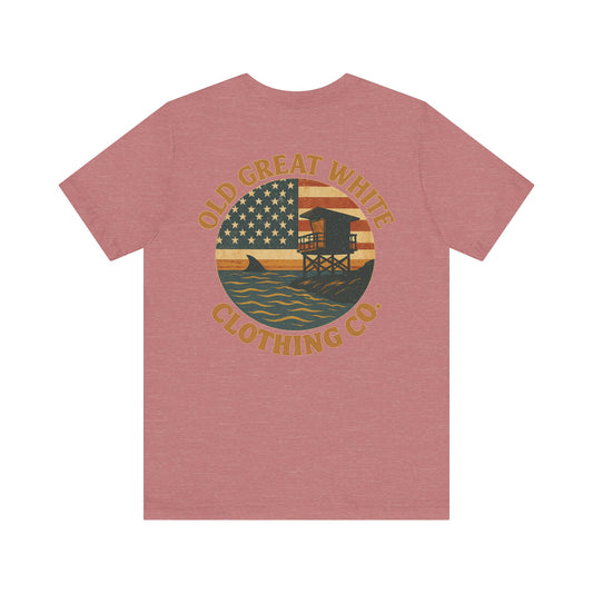 American Shoreline Tee – Lifeguard Tower & Shark Fin Graphic Classic Jersey Short Sleeve Tee