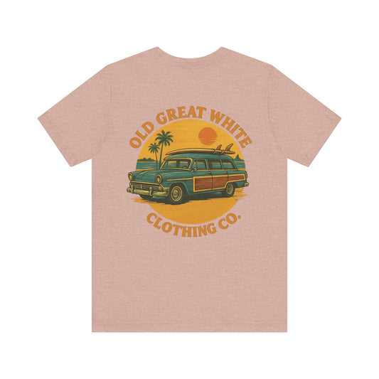 Golden Hour Surf Wagon Tee – Retro Woodie and Sunset Style Classic Jersey Short Sleeve Tee