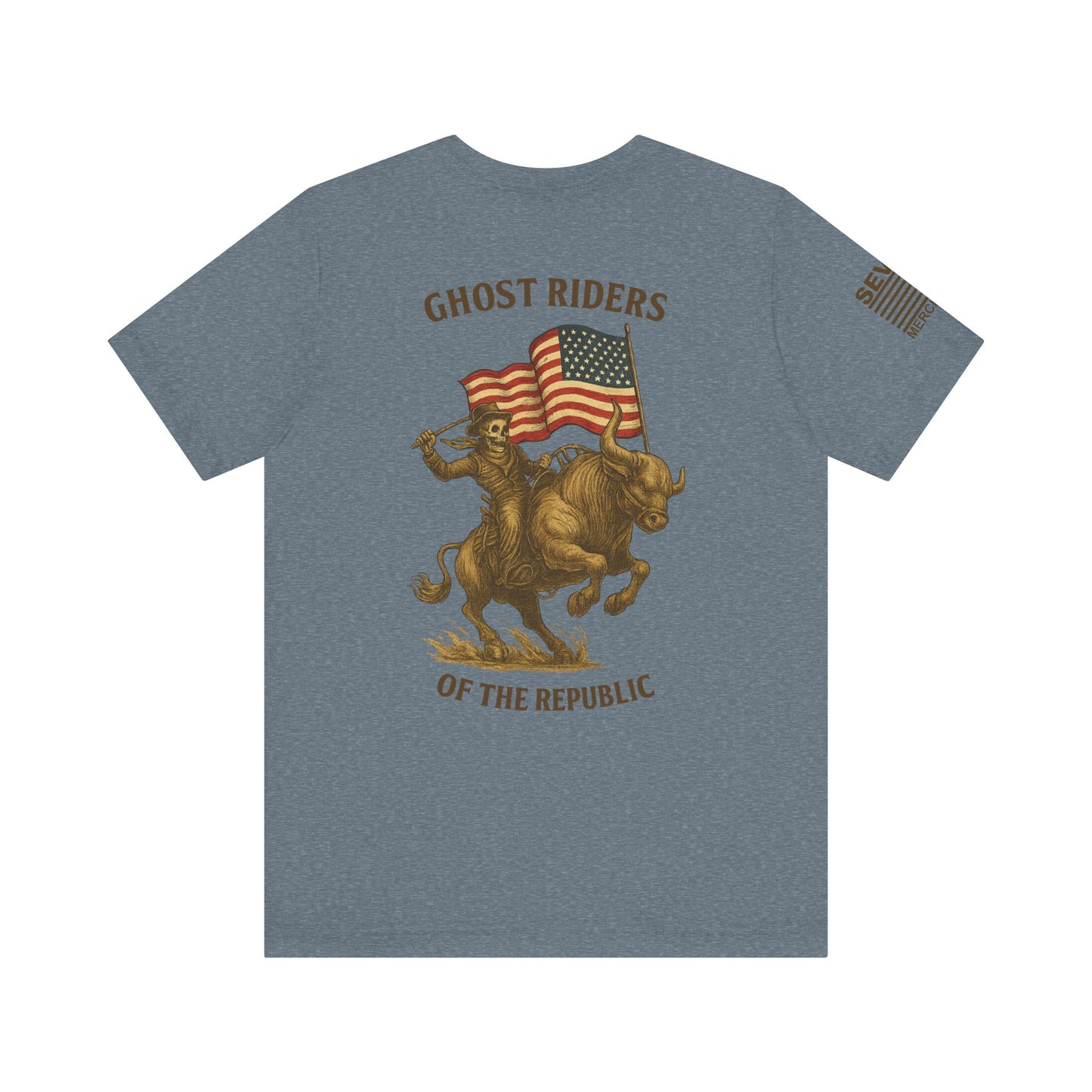 Patriot Rider Tee – Skeleton Cowboy Bull Ride with American Flag Graphic Classic Jersey Short Sleeve Tee