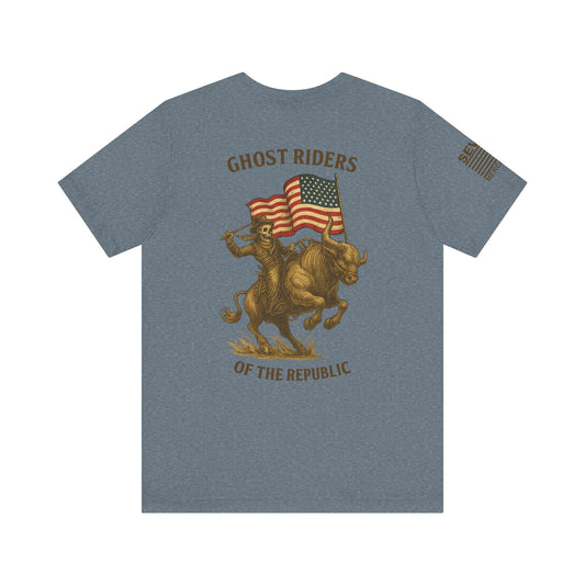 Patriot Rider Tee – Skeleton Cowboy Bull Ride with American Flag Graphic Classic Jersey Short Sleeve Tee