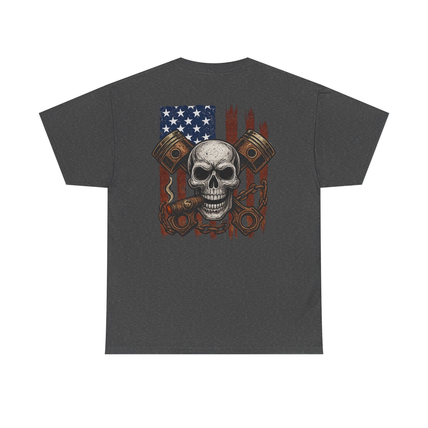 American Skull T-Shirt – Cigar, Pistons & Chains Patriotic Graphic Tee