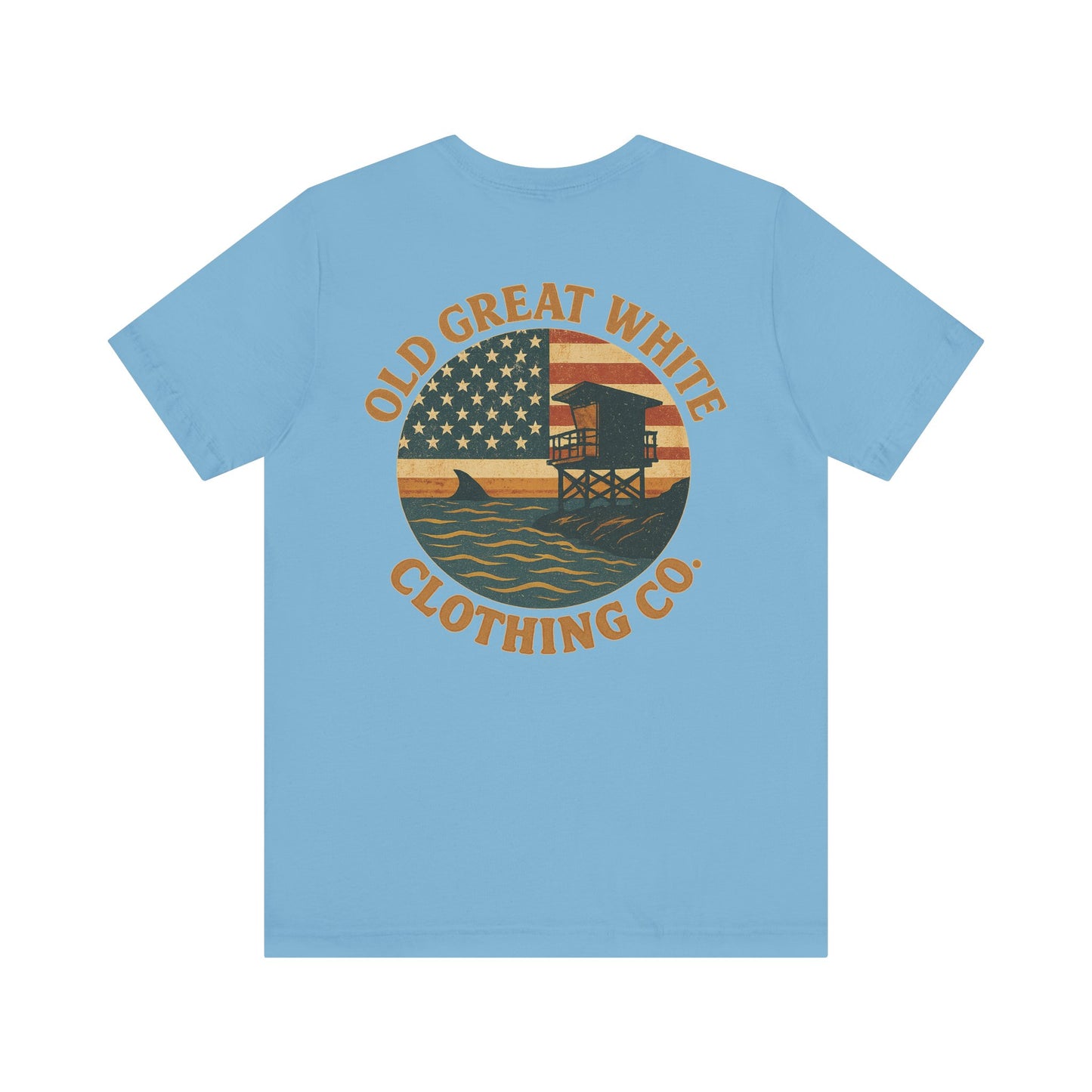 American Shoreline Tee – Lifeguard Tower & Shark Fin Graphic Classic Jersey Short Sleeve Tee