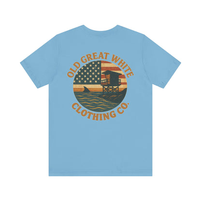 American Shoreline Tee – Lifeguard Tower & Shark Fin Graphic Classic Jersey Short Sleeve Tee