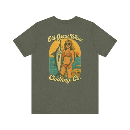 Big Catch Retro Beach Shirt – Bikini Babe & Marlin Graphic Jersey Short Sleeve Tee