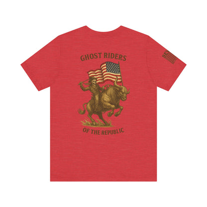 Patriot Rider Tee – Skeleton Cowboy Bull Ride with American Flag Graphic Classic Jersey Short Sleeve Tee