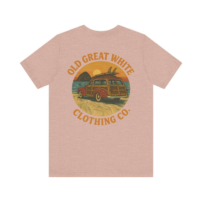 Vintage Woody Surf Wagon Tee - Old Great White Sunset Vibes Classic Jersey Short Sleeve Tee