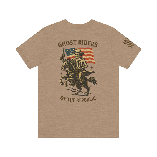 Ghost Riders of the Republic Horseback Skeleton Cowboy T-Shirt – Patriotic Wild West Graphic Tee