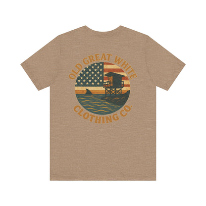 American Shoreline Tee – Lifeguard Tower & Shark Fin Graphic Classic Jersey Short Sleeve Tee