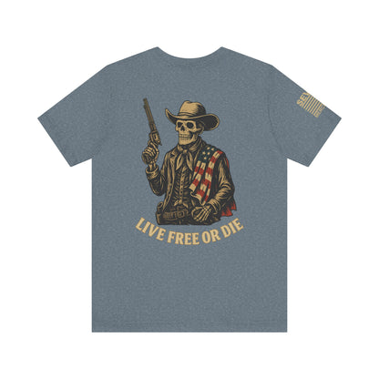 Live Free or Die Skeleton Cowboy T-Shirt – American Flag Western Graphic Tee
