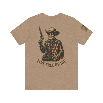 Live Free or Die Skeleton Cowboy T-Shirt – American Flag Western Graphic Tee