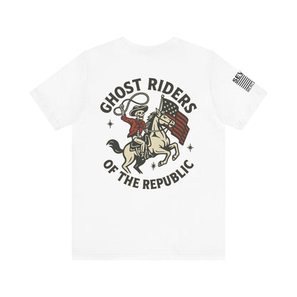 Ride for the Republic – Vintage Skeleton Cowboy Horse & Flag Graphic Tee
