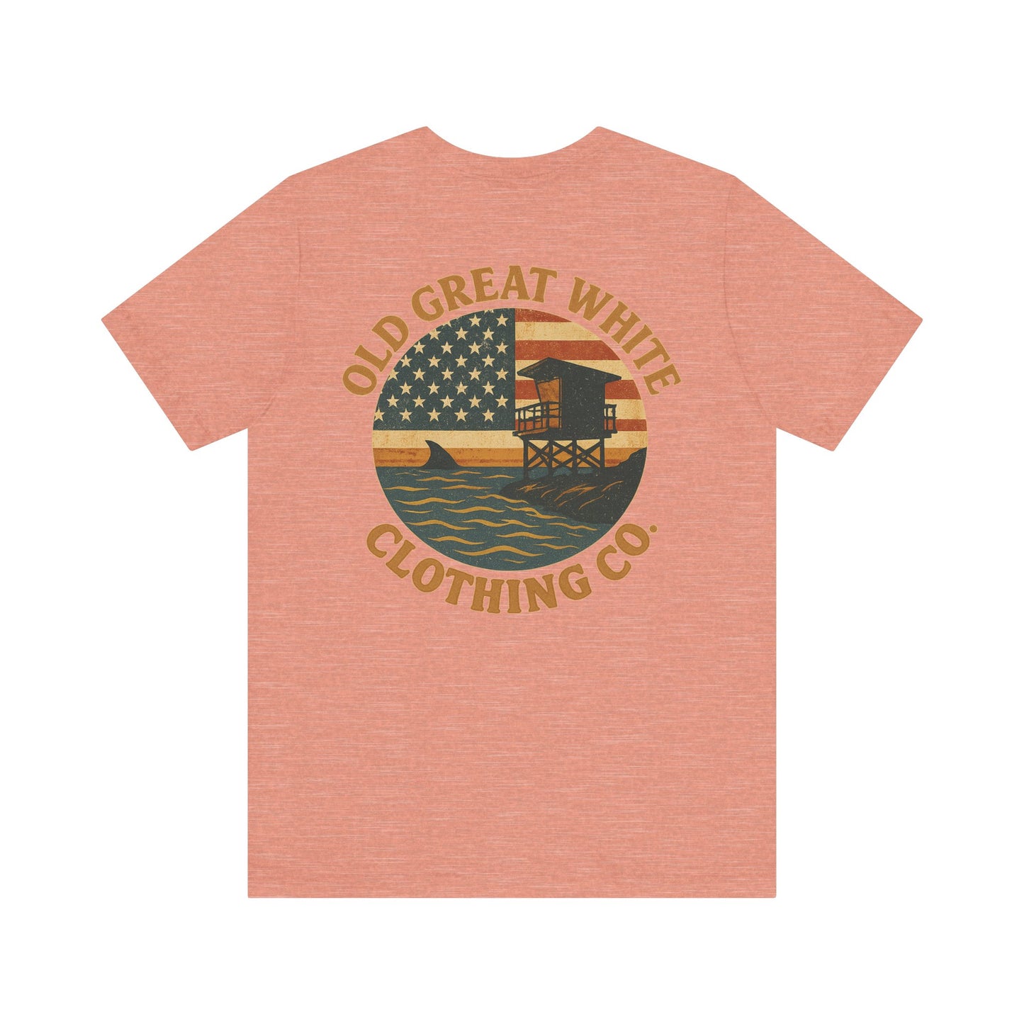 American Shoreline Tee – Lifeguard Tower & Shark Fin Graphic Classic Jersey Short Sleeve Tee