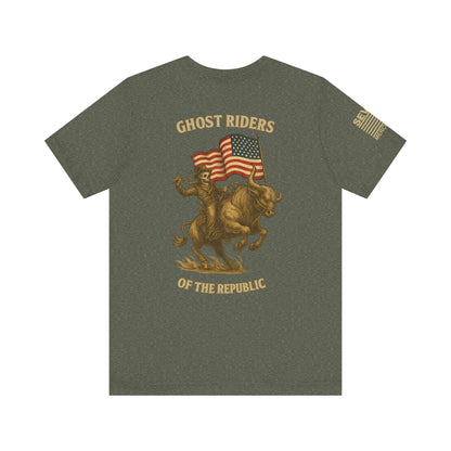 Patriot Rider Tee – Skeleton Cowboy Bull Ride with American Flag Graphic Classic Jersey Short Sleeve Tee