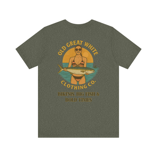 Catch of the Day Bikini Tee – Retro Fishing Girl Graphic Classic Jersey Short Sleeve Tee