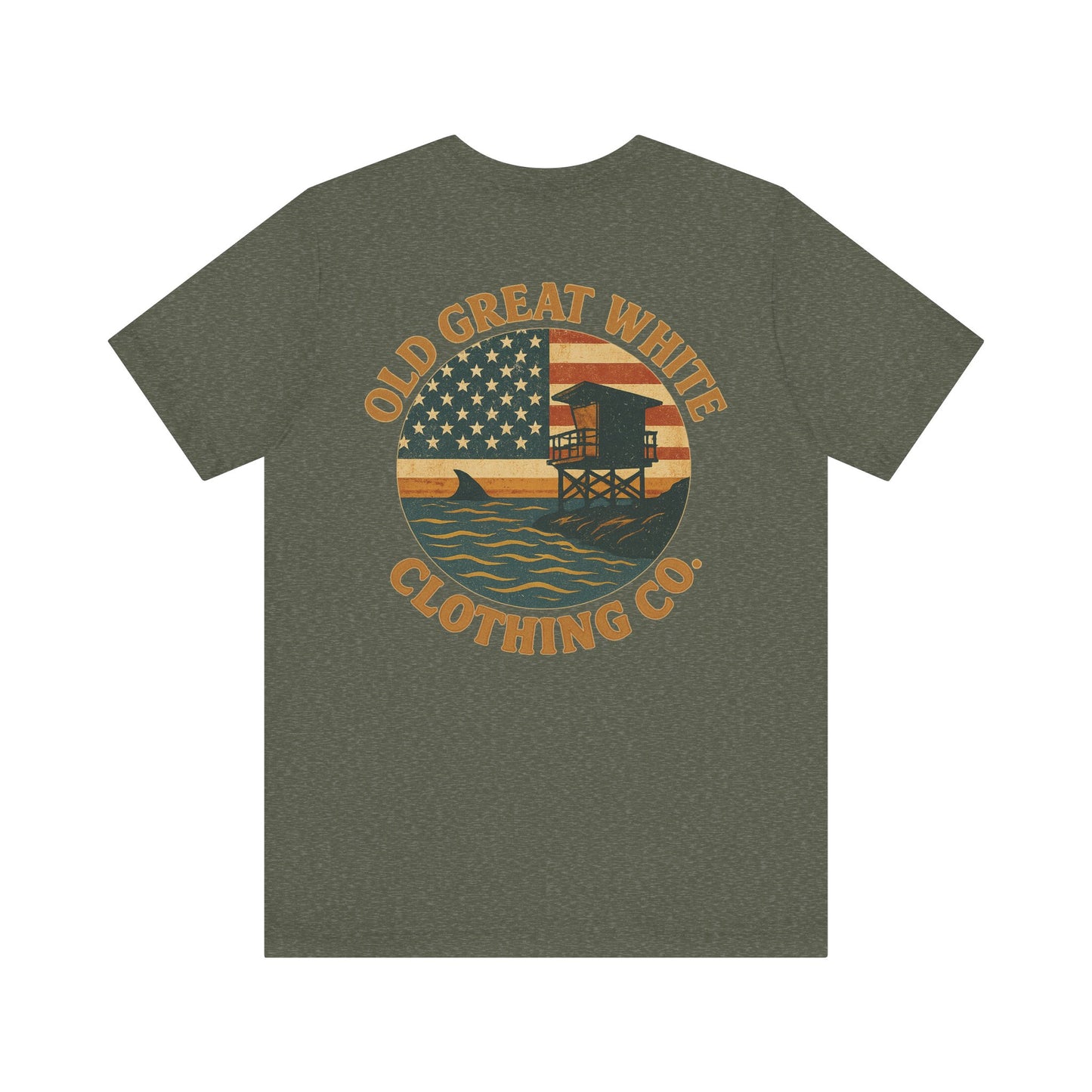 American Shoreline Tee – Lifeguard Tower & Shark Fin Graphic Classic Jersey Short Sleeve Tee
