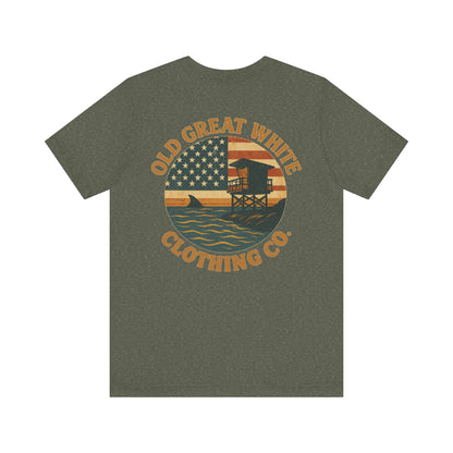 American Shoreline Tee – Lifeguard Tower & Shark Fin Graphic Classic Jersey Short Sleeve Tee