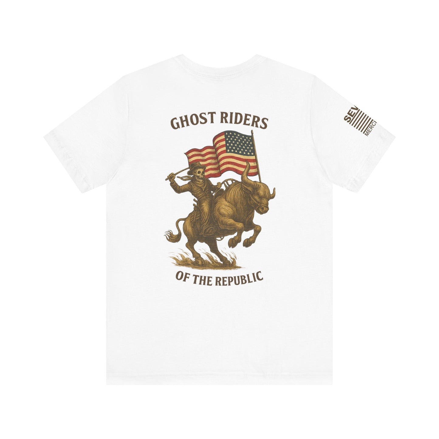 Patriot Rider Tee – Skeleton Cowboy Bull Ride with American Flag Graphic Classic Jersey Short Sleeve Tee