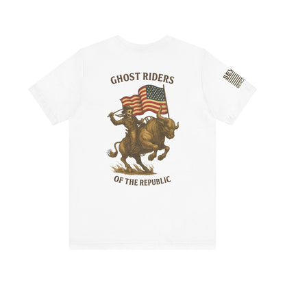 Patriot Rider Tee – Skeleton Cowboy Bull Ride with American Flag Graphic Classic Jersey Short Sleeve Tee