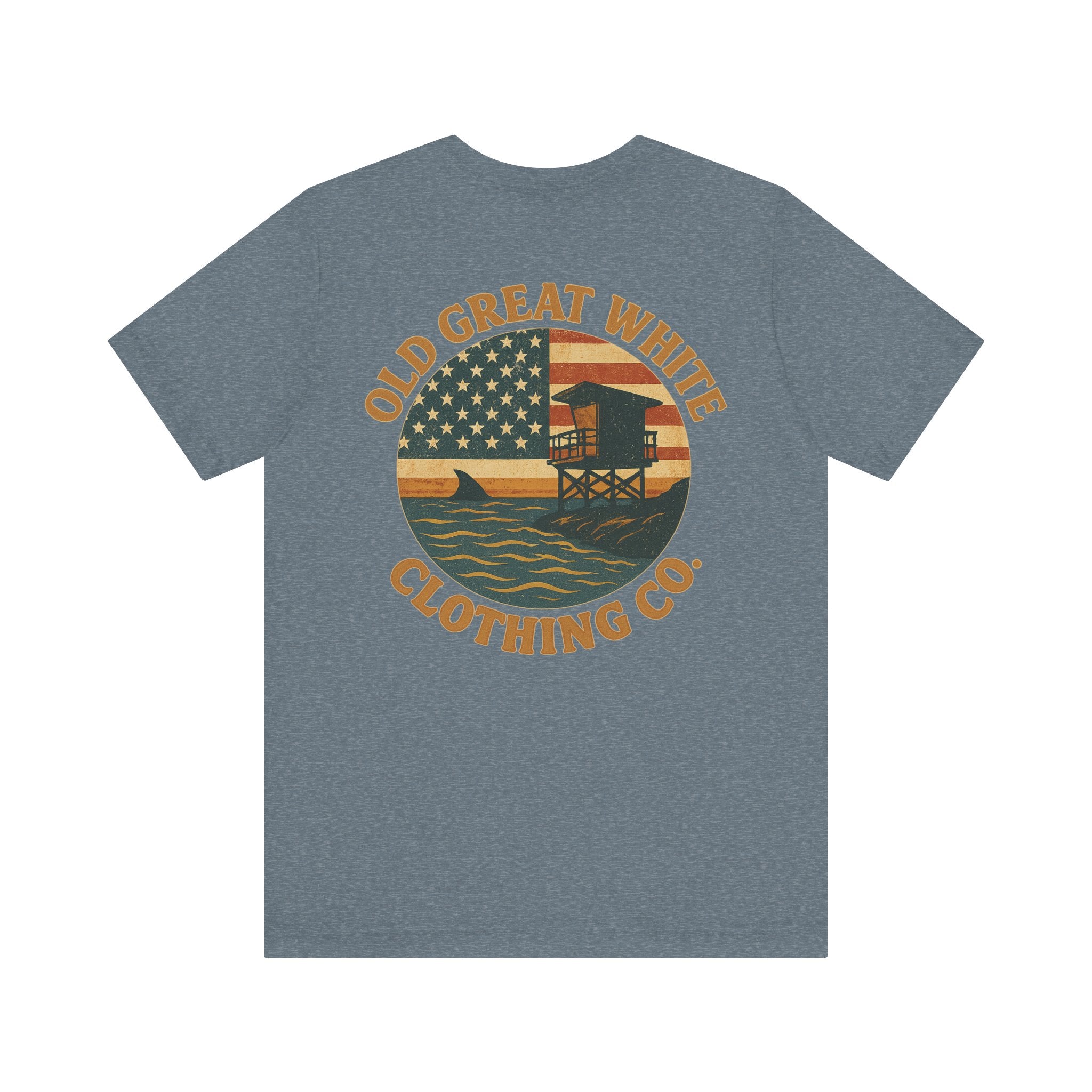 American Shoreline Tee – Lifeguard Tower & Shark Fin Graphic
