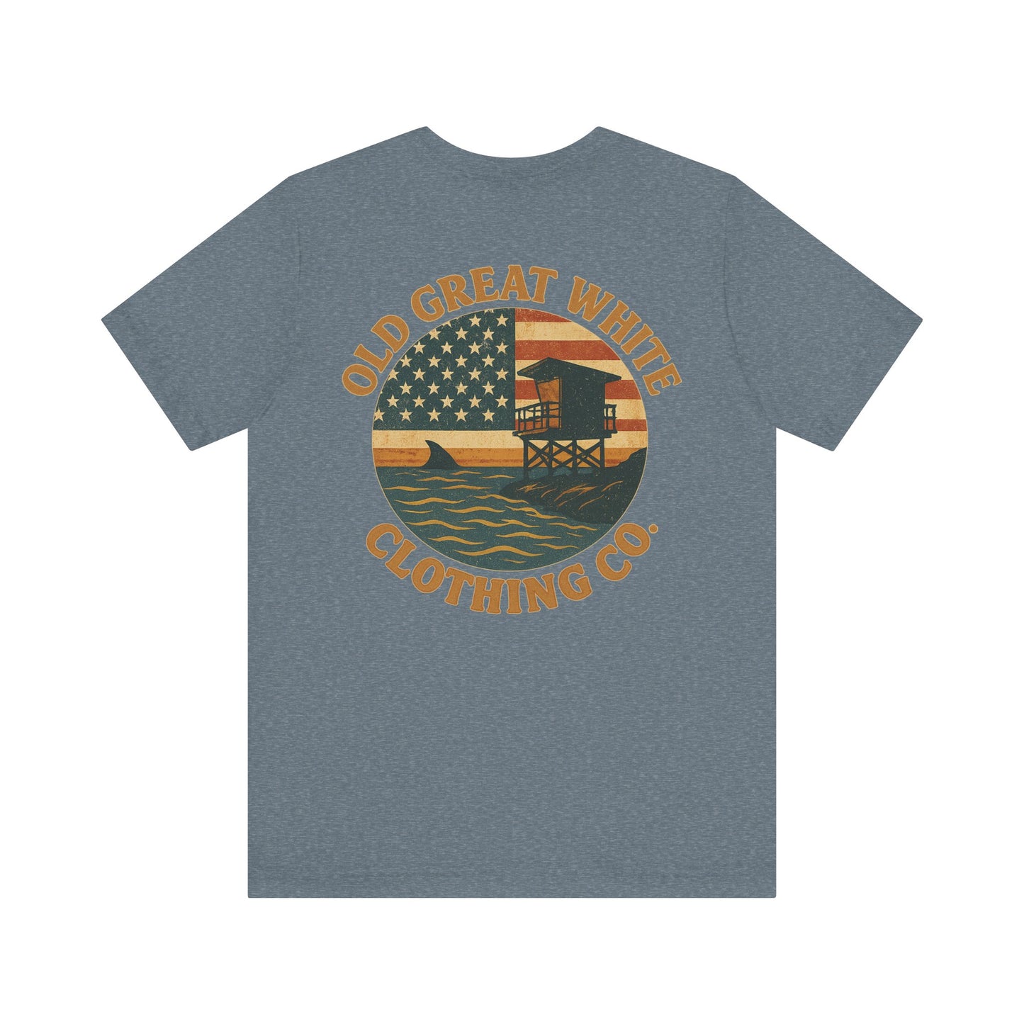American Shoreline Tee – Lifeguard Tower & Shark Fin Graphic Classic Jersey Short Sleeve Tee
