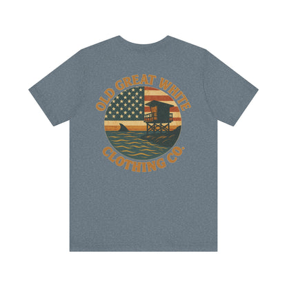 American Shoreline Tee – Lifeguard Tower & Shark Fin Graphic Classic Jersey Short Sleeve Tee