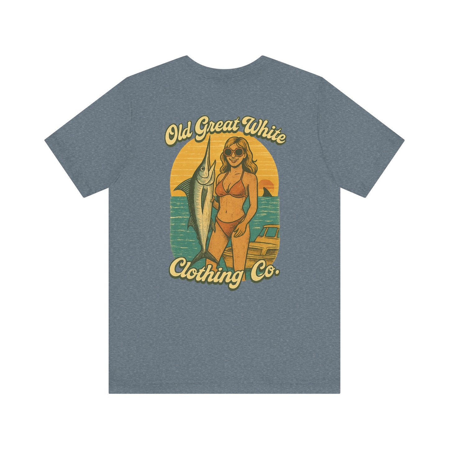 Big Catch Retro Beach Shirt – Bikini Babe & Marlin Graphic Jersey Short Sleeve Tee