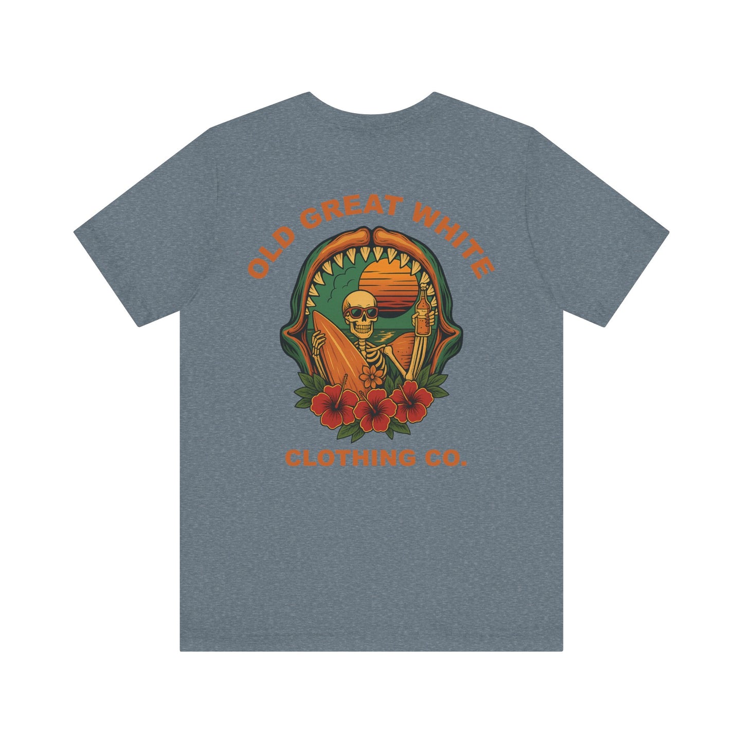 Skeleton Surfer Sunset Tee – Vintage Beach Vibes Graphic Shirt Jersey Short Sleeve Tee