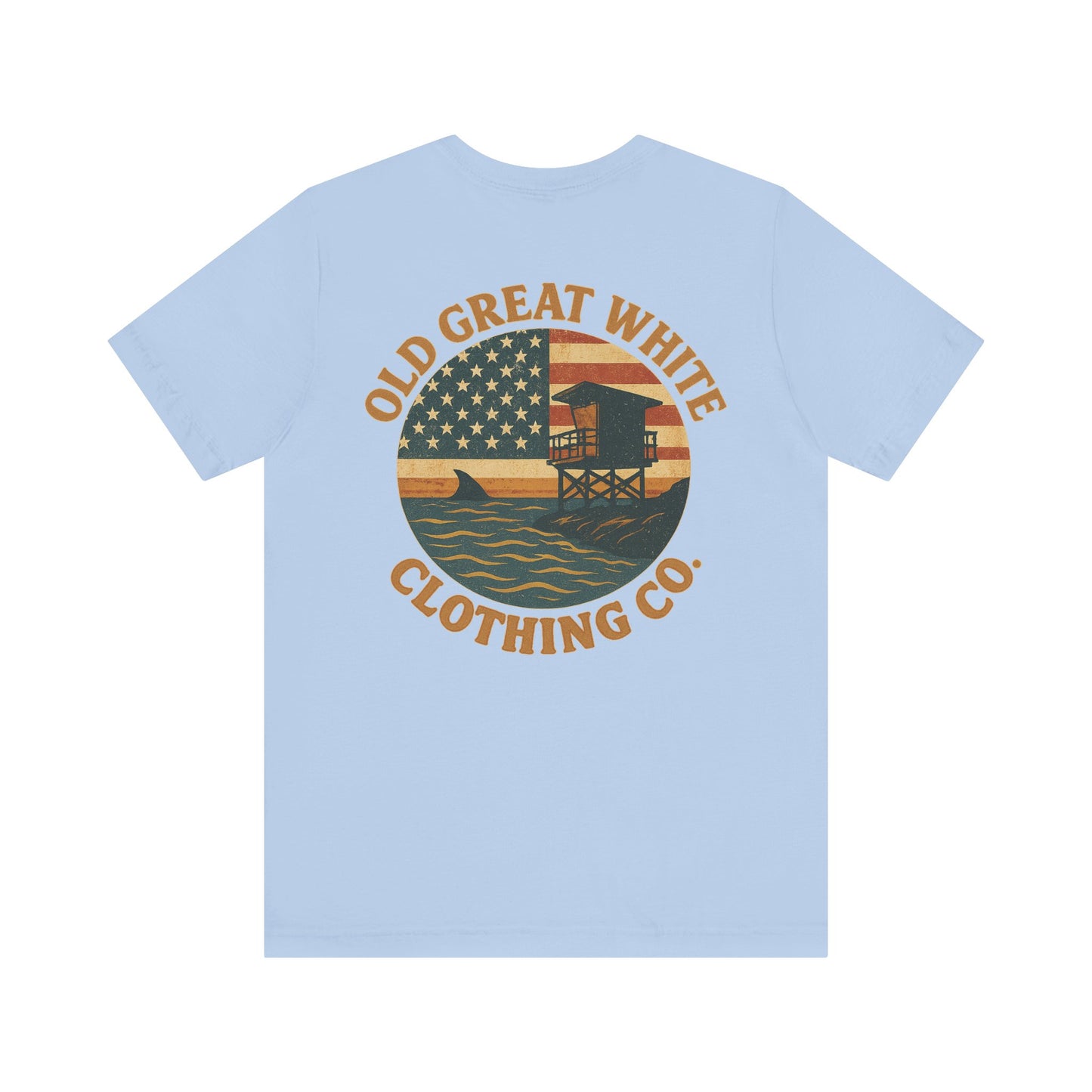 American Shoreline Tee – Lifeguard Tower & Shark Fin Graphic Classic Jersey Short Sleeve Tee