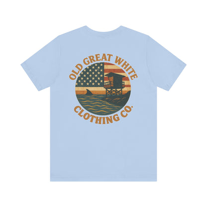 American Shoreline Tee – Lifeguard Tower & Shark Fin Graphic Classic Jersey Short Sleeve Tee