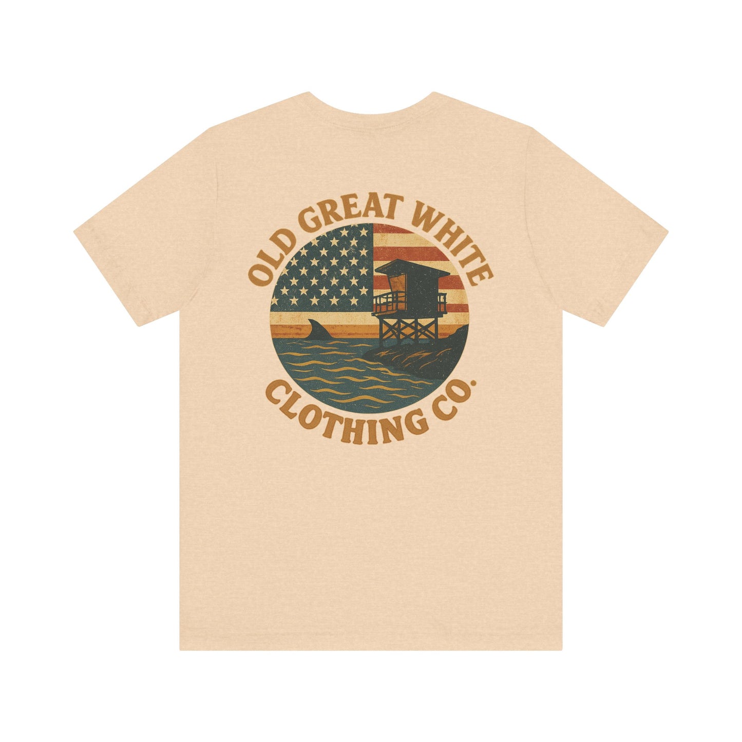 American Shoreline Tee – Lifeguard Tower & Shark Fin Graphic Classic Jersey Short Sleeve Tee