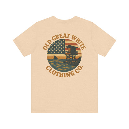 American Shoreline Tee – Lifeguard Tower & Shark Fin Graphic Classic Jersey Short Sleeve Tee