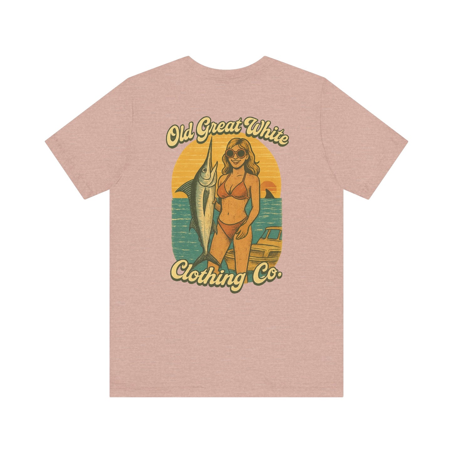 Big Catch Retro Beach Shirt – Bikini Babe & Marlin Graphic Jersey Short Sleeve Tee