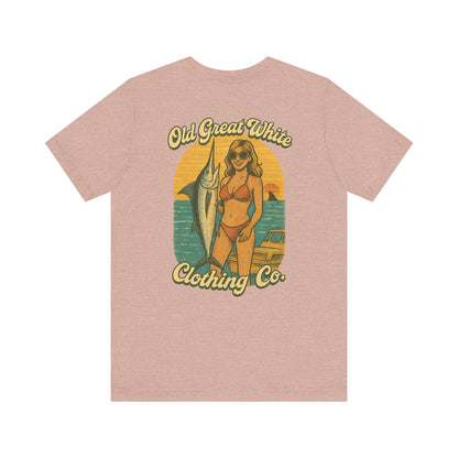 Big Catch Retro Beach Shirt – Bikini Babe & Marlin Graphic Jersey Short Sleeve Tee