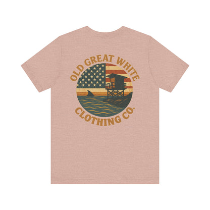 American Shoreline Tee – Lifeguard Tower & Shark Fin Graphic Classic Jersey Short Sleeve Tee