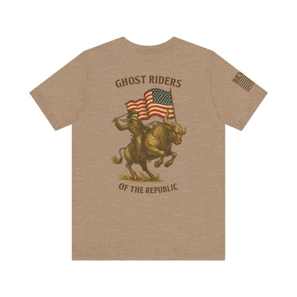 Patriot Rider Tee – Skeleton Cowboy Bull Ride with American Flag Graphic Classic Jersey Short Sleeve Tee