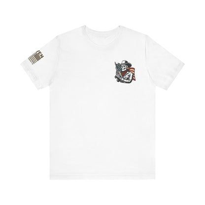 Patriot Rider Tee – Skeleton Cowboy Bull Ride with American Flag Graphic Classic Jersey Short Sleeve Tee