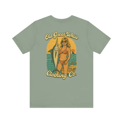 Big Catch Retro Beach Shirt – Bikini Babe & Marlin Graphic Jersey Short Sleeve Tee