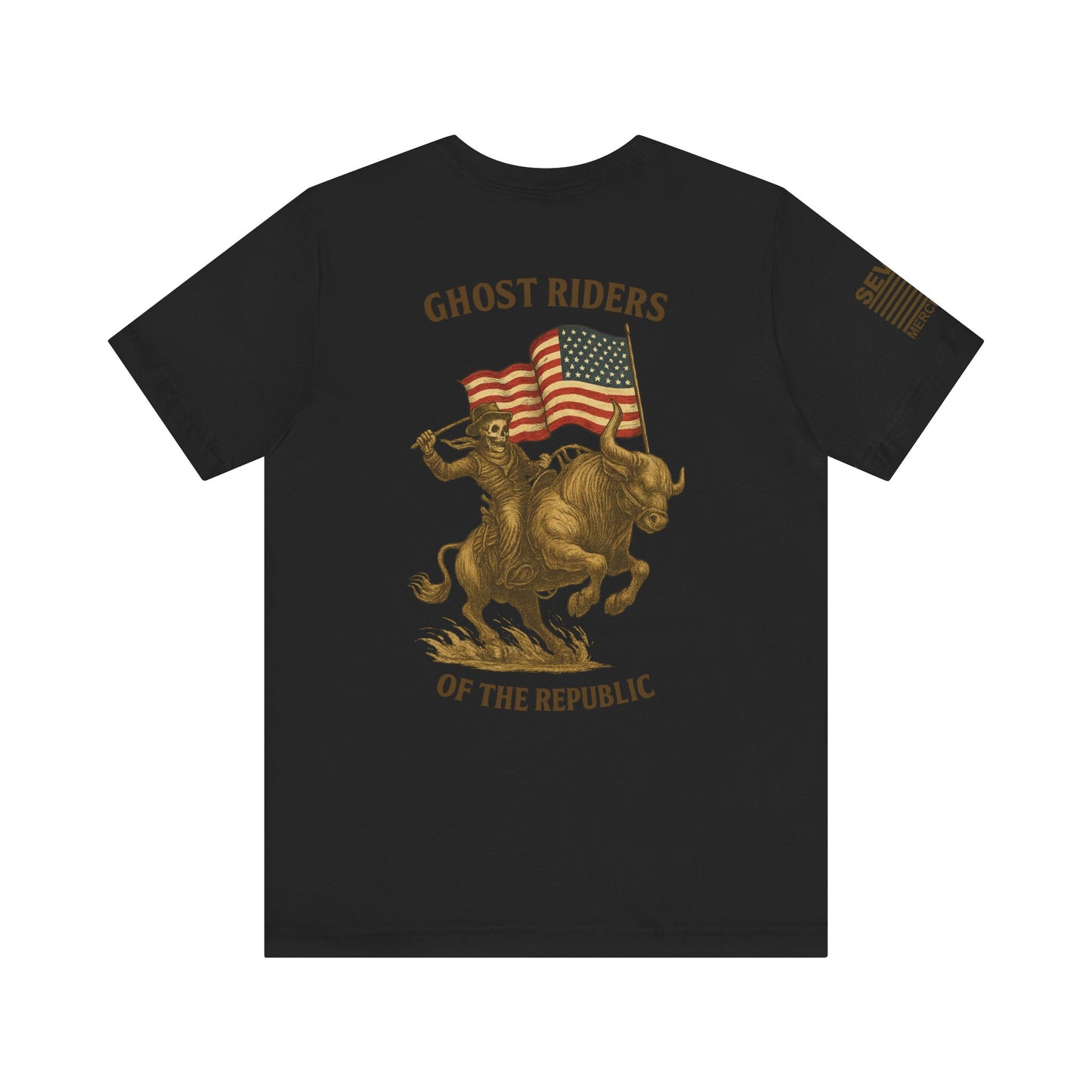 Patriot Rider Tee – Skeleton Cowboy Bull Ride with American Flag Graphic Classic Jersey Short Sleeve Tee